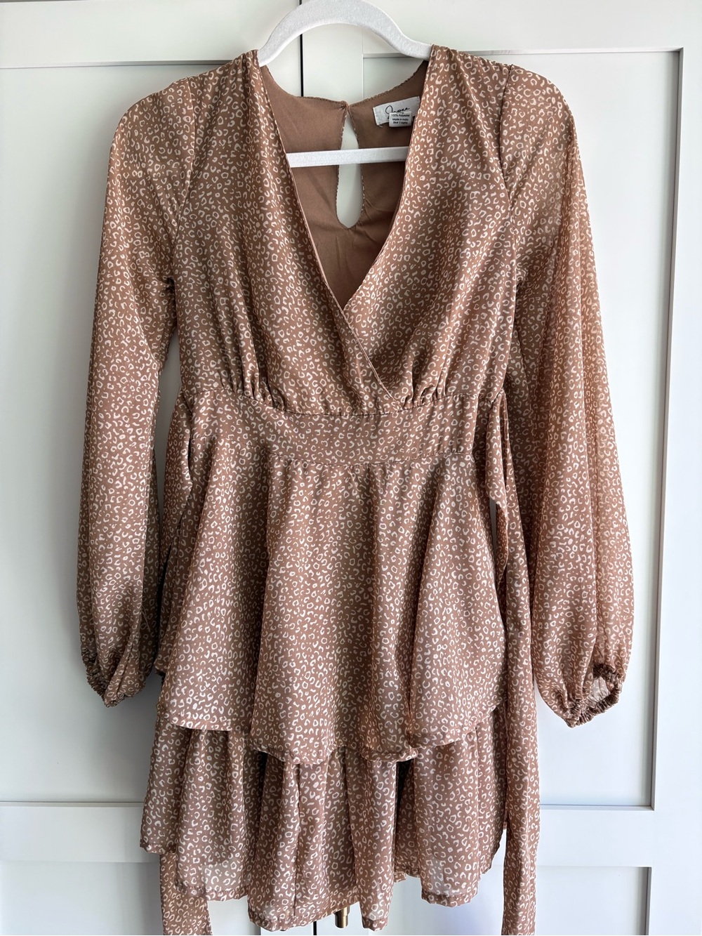 Long Sleeve Taupe Cheetah Printed Tiered Mini Dress
